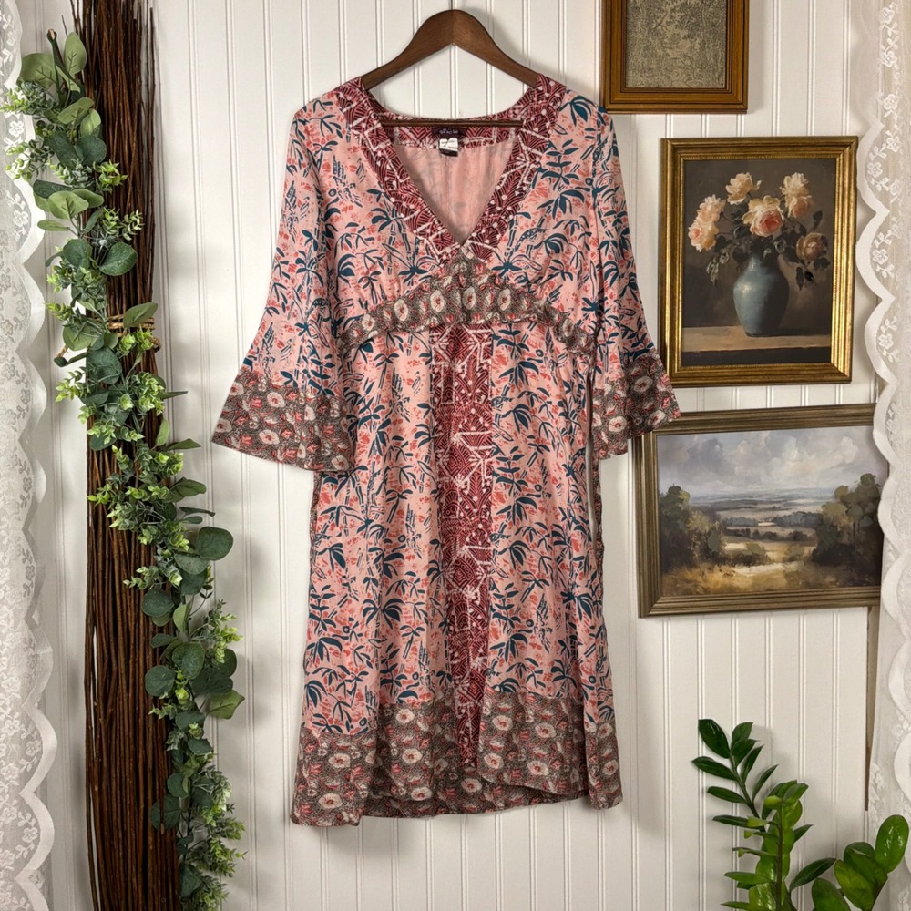 Gracie Dress Medium Pink Excellent Cotton Silk Floral V-Neck Bell Sleeve Boho
